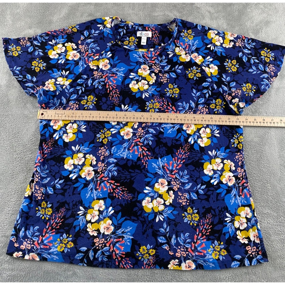 Denim & Co Womens XL Blue Floral Short Sleeve Crew Neck Knit Top Casual Relaxed - Picture 4 of 9